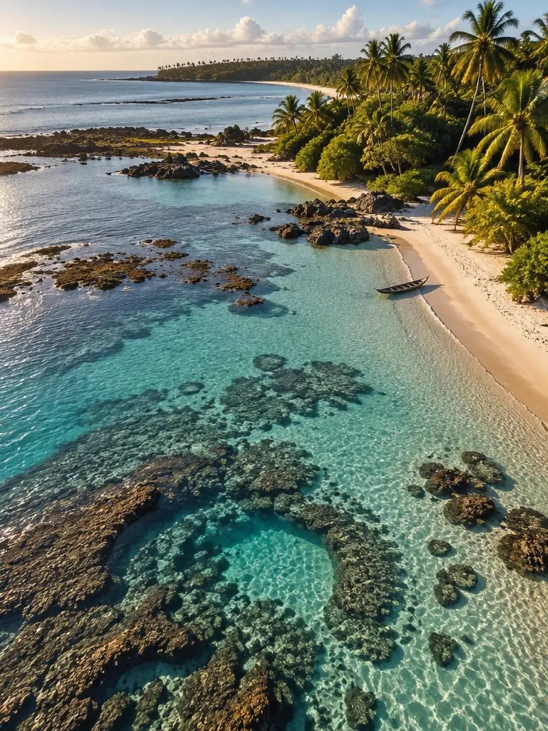 Vista aérea de praia com águas claras, recifes e coqueirais em Taipu de Fora